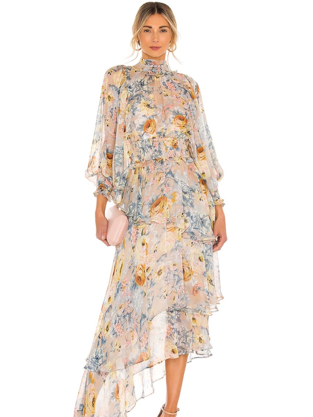 Elliatt Pastel Floral Tiered High-Neck High-Low Dress